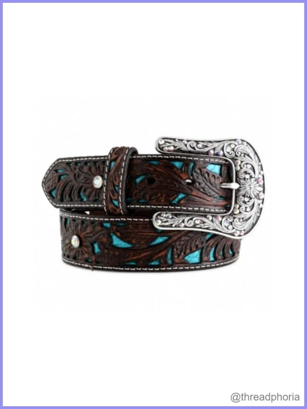 Genuine Leather Western Belt Turquoise Inlay Rhinestone Buckle 1.5 Inch